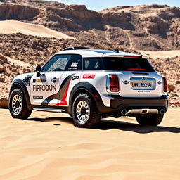 A striking design of a John Cooper Works GP Countryman convertible in pearlescent white, specially modified for the Dakar rally