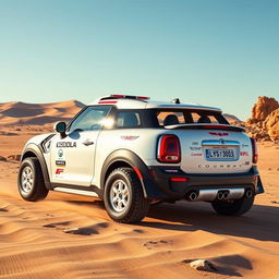 A striking design of a John Cooper Works GP Countryman convertible in pearlescent white, specially modified for the Dakar rally