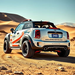 A striking design of a John Cooper Works GP Countryman convertible in pearlescent white, specially modified for the Dakar rally