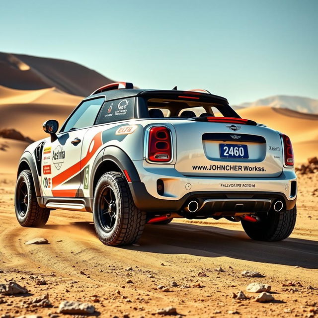 A striking design of a John Cooper Works GP Countryman convertible in pearlescent white, specially modified for the Dakar rally