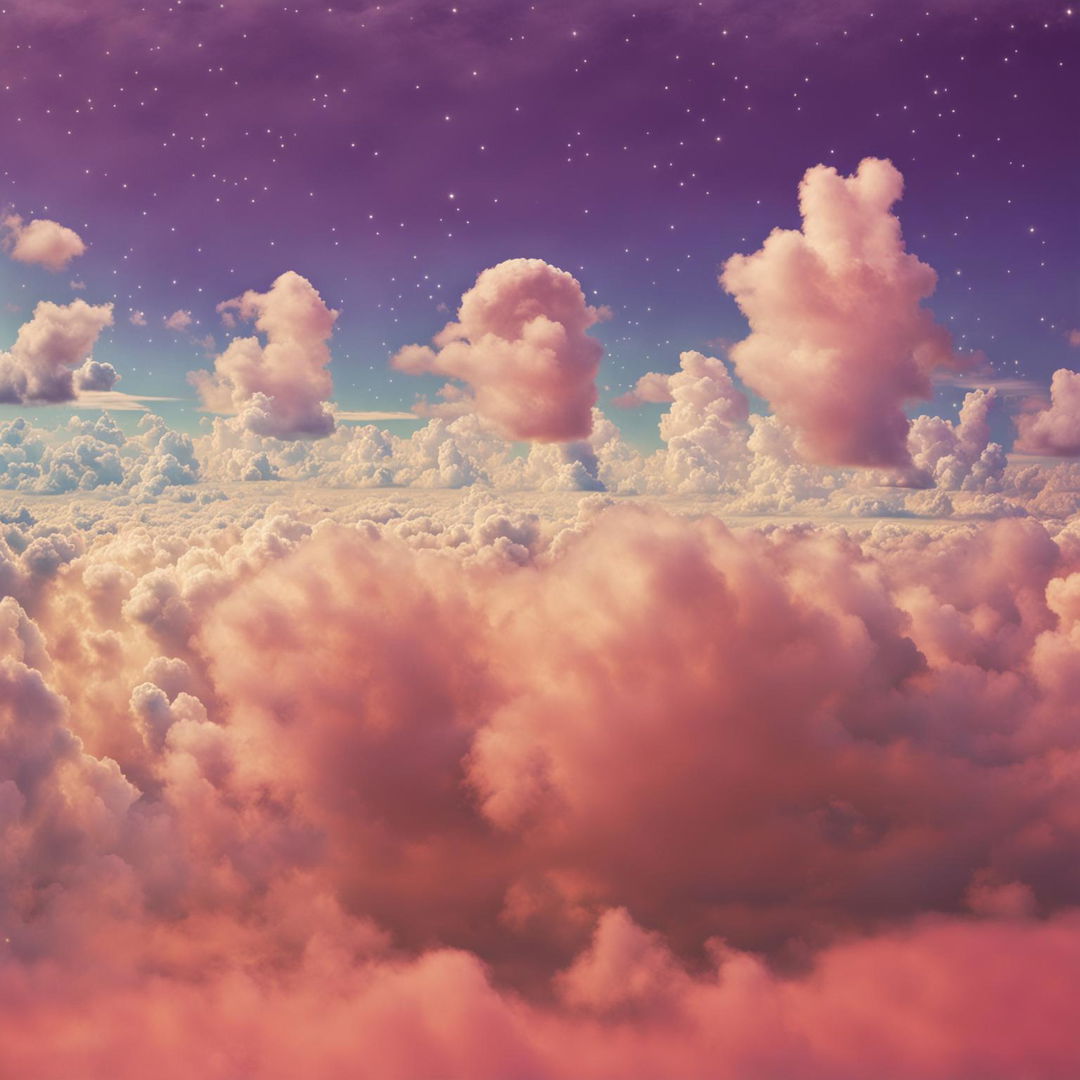 32k resolution vintage Wes Anderson-inspired image of a lavender sky and clouds with a pastel tint and cosmic space elements from a 200m perspective