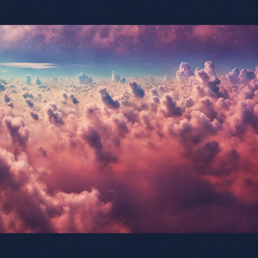 32k resolution vintage Wes Anderson-inspired image of a lavender sky and clouds with a pastel tint and cosmic space elements from a 200m perspective