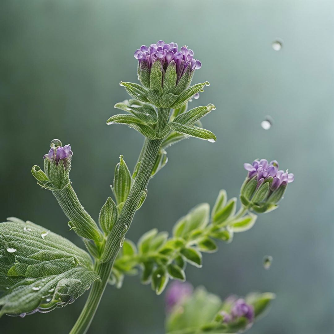 A 32k HD digital photograph of a single 200mm lavender stalk with detailed purple flowers against a soft pastel background.