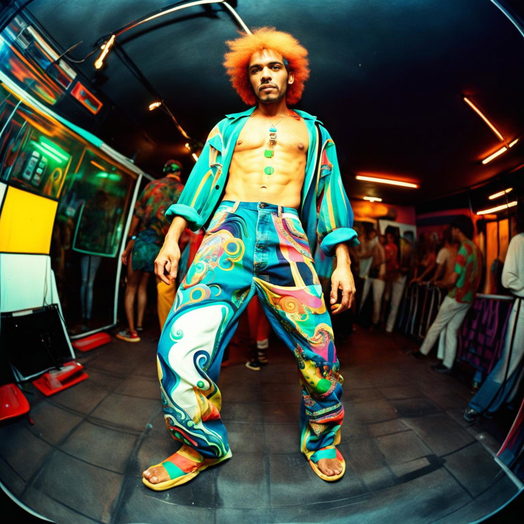 A 90s rave fashion photograph featuring a figure in trippy pants and vintage retro shirt, taken with a 200mm lens for a distorted effect