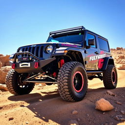 A rugged and powerful Jeep Wrangler Rubicon, equipped with impressive 33-inch tires, fully customized for rally racing