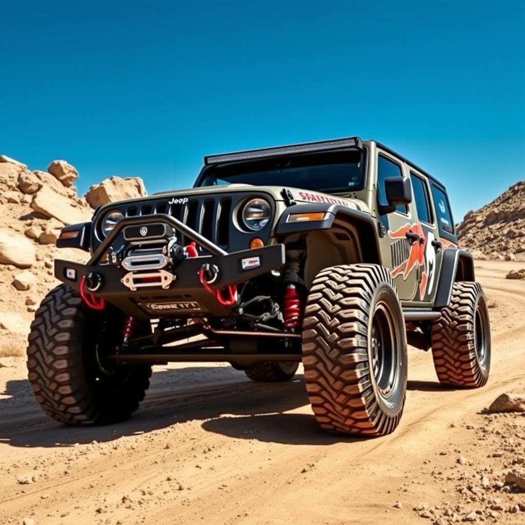 A rugged and powerful Jeep Wrangler Rubicon, equipped with impressive 33-inch tires, fully customized for rally racing