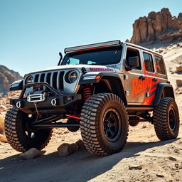 A rugged and powerful Jeep Wrangler Rubicon, equipped with impressive 33-inch tires, fully customized for rally racing