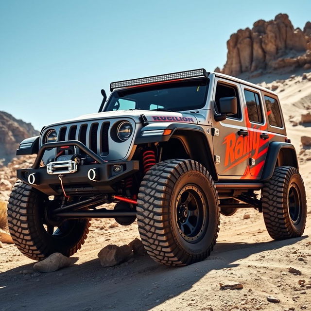 A rugged and powerful Jeep Wrangler Rubicon, equipped with impressive 33-inch tires, fully customized for rally racing