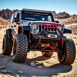 A rugged and powerful Jeep Wrangler Rubicon, equipped with impressive 33-inch tires, fully customized for rally racing