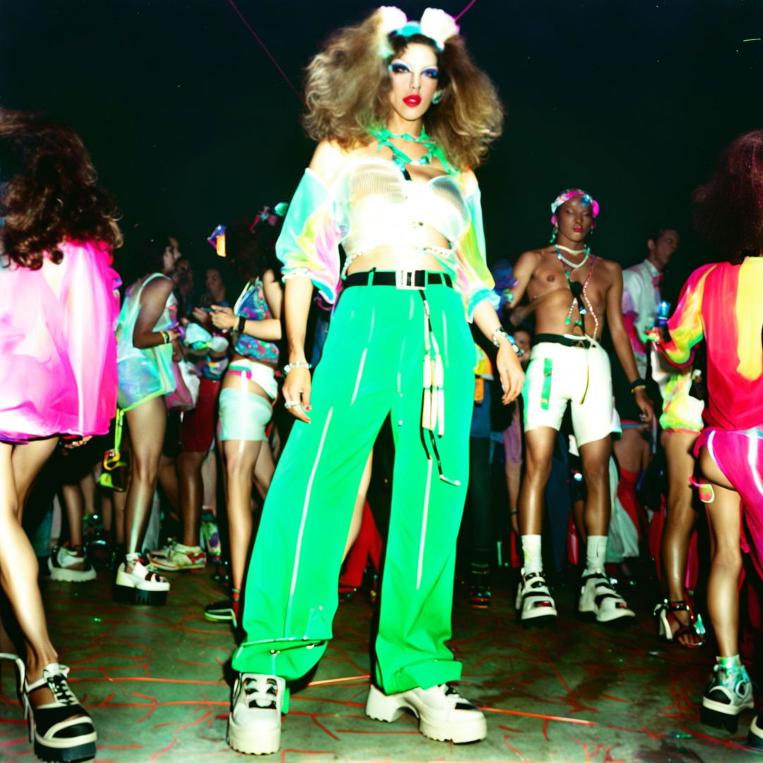 A retro supermodel in 90s rave fashion captured in a vintage photograph with a 200mm lens