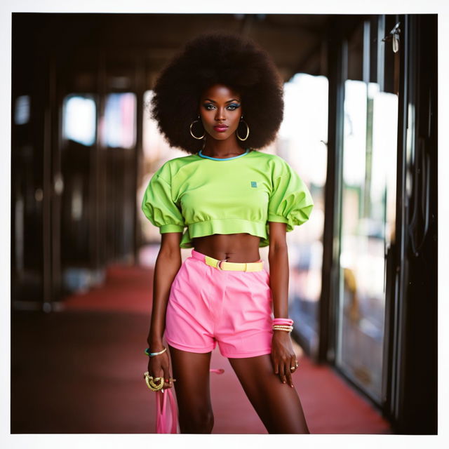 A vintage retro photograph of a stunning 90s African supermodel in a neon outfit, taken with a 200mm lens.