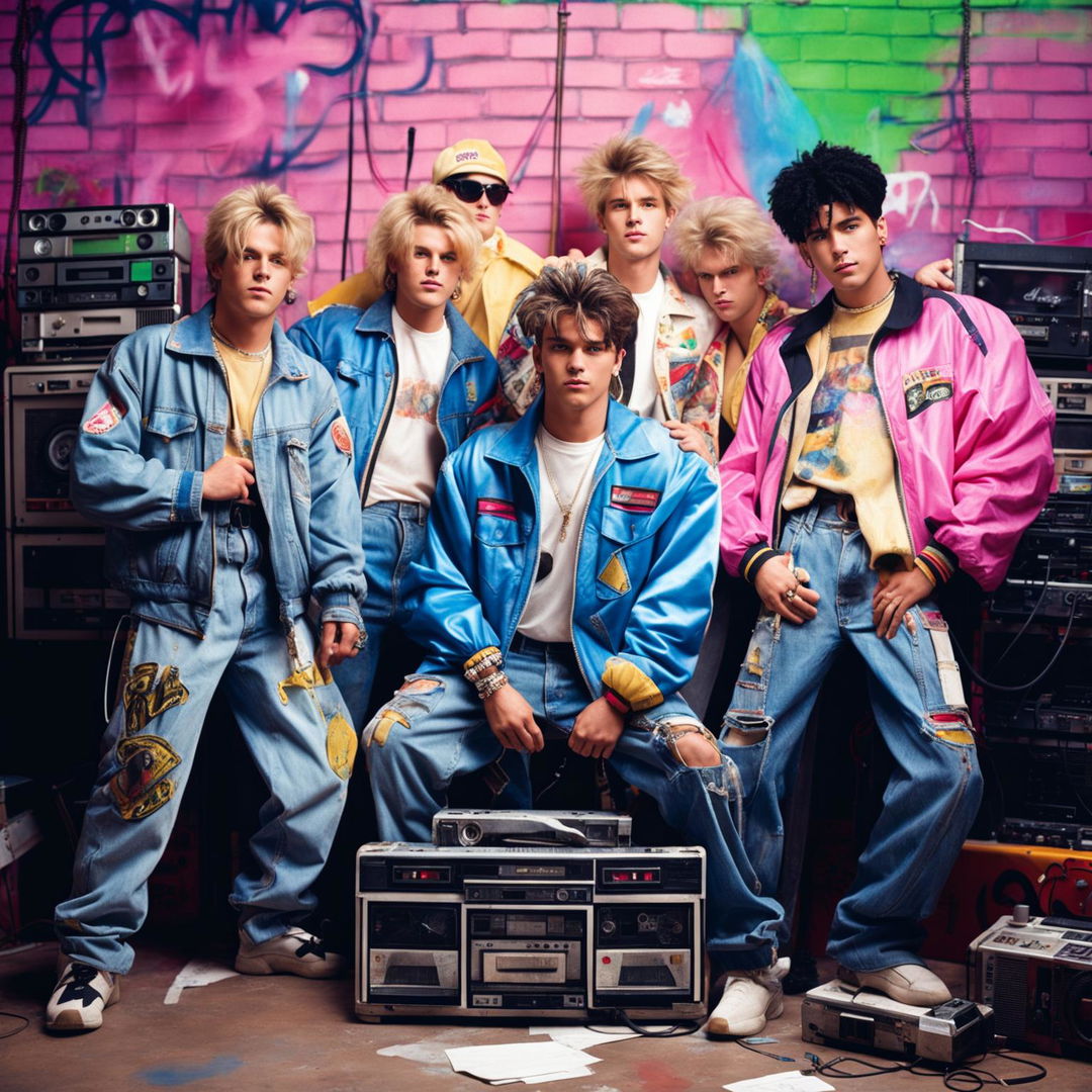 A vintage photograph of a 90s boy band partying in front of a graffiti-covered wall, taken with a 200mm lens and filled with vibrant colors and nostalgic elements