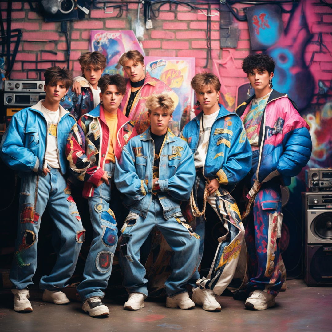 A vintage photograph of a 90s boy band partying vibrantly against a graffiti-covered wall, taken with a 200mm lens and filled with nostalgic elements