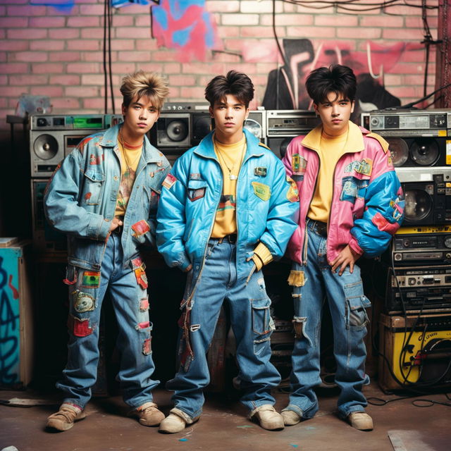 A vintage photograph of a three-member 90s boy band partying vibrantly against a graffiti-covered wall, taken with a 200mm lens and filled with nostalgic elements