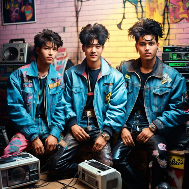 A vintage photograph of a beautiful three-member 90s boy band partying vibrantly against a graffiti-covered wall, taken with a 200mm lens and filled with nostalgic elements