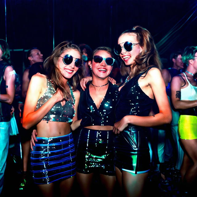 Vintage retro photograph of three young women at a rave. Shot with a 200mm lens capturing vibrant party vibes.