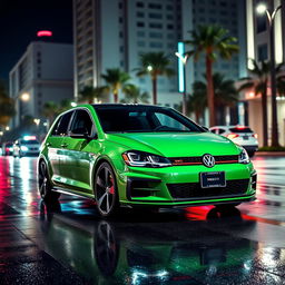 A Mk7 Volkswagen Golf GTI parked in a dimly lit urban environment at night