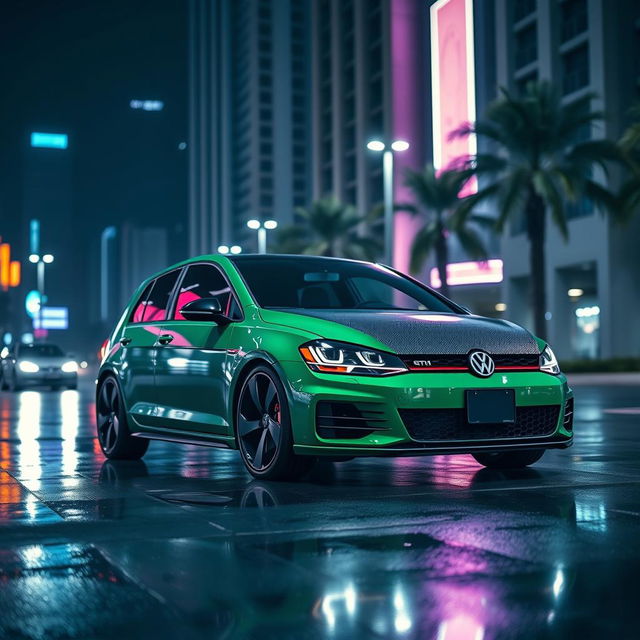 A Mk7 Volkswagen Golf GTI parked in a dimly lit urban environment at night