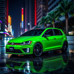 A Mk7 Volkswagen Golf GTI parked in a dimly lit urban environment at night
