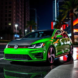 A Mk7 Volkswagen Golf GTI parked in a dimly lit urban environment at night