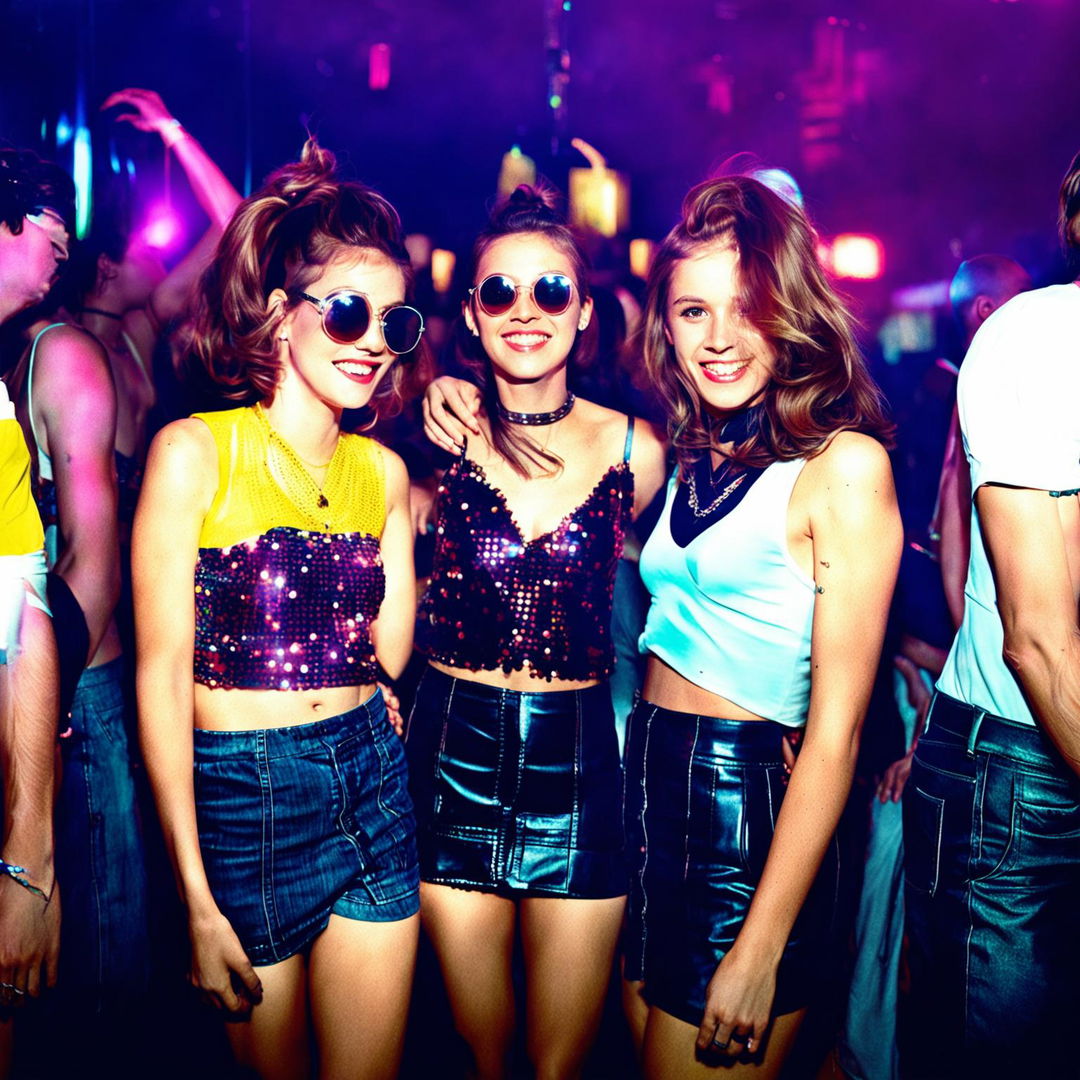 Vintage retro photograph of three young women at a rave. Shot with a 200mm lens capturing vibrant party vibes.