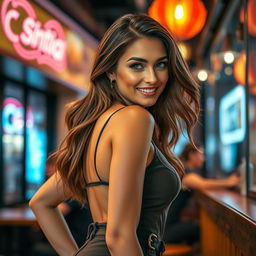A beautiful and enticing woman with an attractive figure, wearing a stylish outfit that accentuates her curves