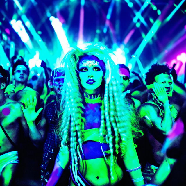 Vintage editorial photograph of Dopamine Girl, a rave model, in a vibrant neon outfit amidst a pulsating crowd at a rave