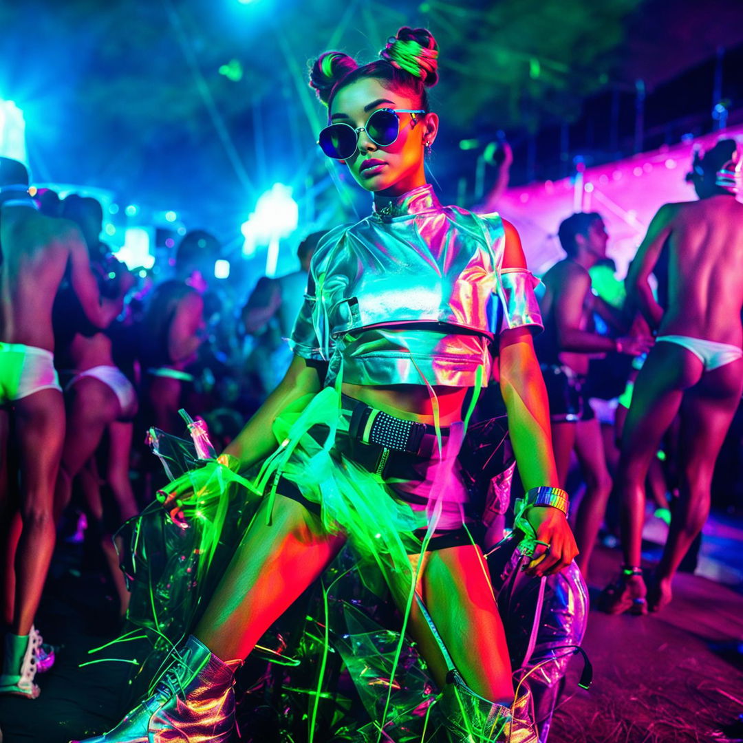 Vintage editorial photograph of 'Dopamine Girl', a rave model in neon outfit with LED-adorned hair and glow stick