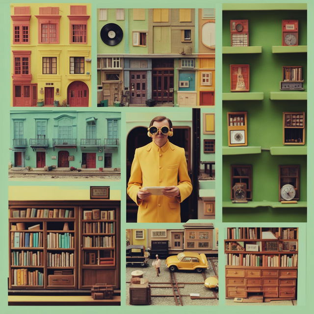 A Wes Anderson inspired moodboard featuring pastel hues, vintage objects, and scenes from his films.