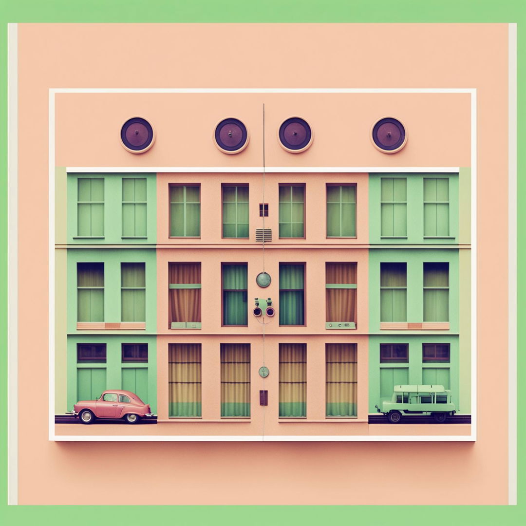 A minimalist Wes Anderson-inspired moodboard with images of symmetrical building facade, vintage typewriter, binoculars, meticulously arranged suitcase, train in lush landscape and old-fashioned record player in muted pastels and bold colors