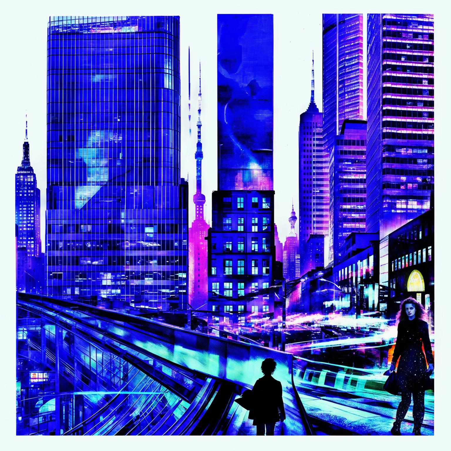 Collage-style moodboard with elements of modern metropolis: skyscrapers, neon-lit streets, geometric structures, abstract painting, subway car, street food vendor, thoughtful woman