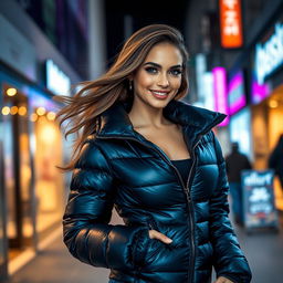A fashionable young woman confidently wearing a tight shiny black puffer jacket that accentuates her curvy figure