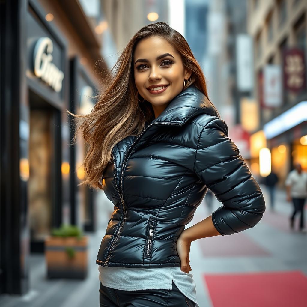 A fashionable young woman confidently wearing a tight shiny black puffer jacket that accentuates her curvy figure