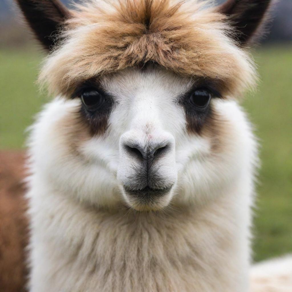 A friendly llama gazing straight into the camera, fully showcasing its fluffy fur and large, expressive eyes.