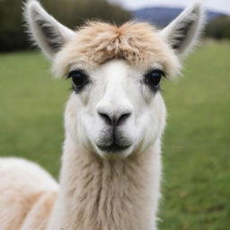 A friendly llama gazing straight into the camera, fully showcasing its fluffy fur and large, expressive eyes.