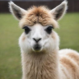 A friendly llama gazing straight into the camera, fully showcasing its fluffy fur and large, expressive eyes.