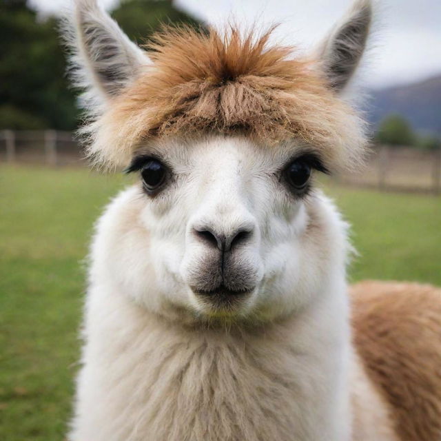 A friendly llama gazing straight into the camera, fully showcasing its fluffy fur and large, expressive eyes.