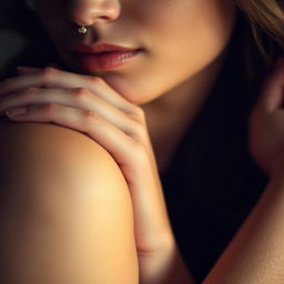 A close-up, intimate and artistic depiction of a sensual moment, where the delicate hand of a woman is gracefully positioned on her body