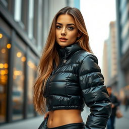 A stunning young woman wearing a tight, shiny black puffer jacket that emphasizes her curves