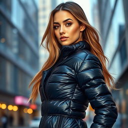 A stunning young woman wearing a tight, shiny black puffer jacket that emphasizes her curves