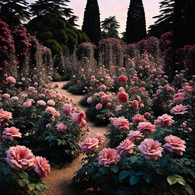 High-definition photograph of a Victorian pink rose garden with perfect lighting composition and an ultra-intense camera shot, exuding editorial magazine vibes