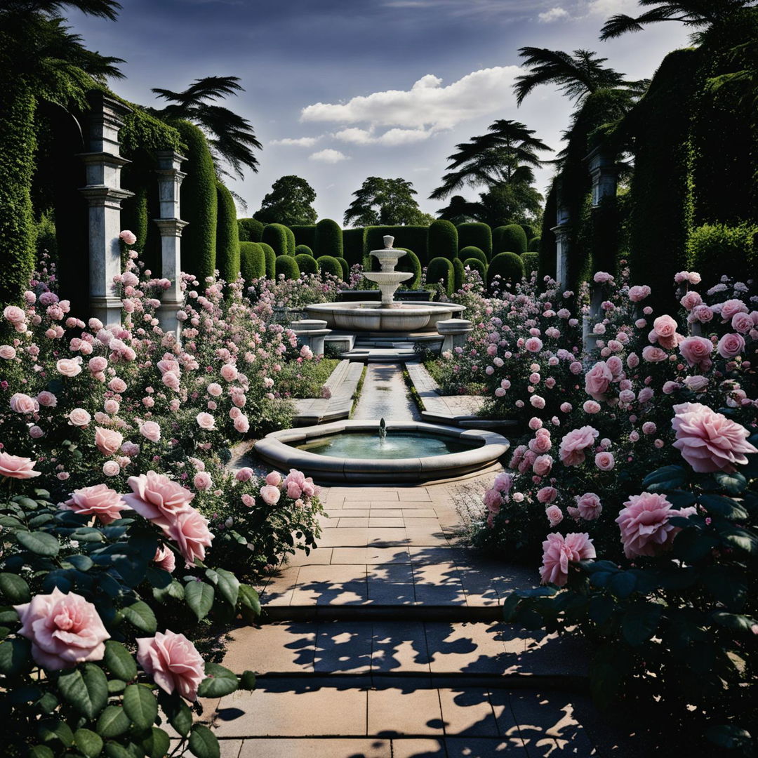 High-definition photograph of a Victorian pink rose garden with a coherent landscape design, perfect lighting composition, and an ultra-intense camera shot, giving off editorial magazine vibes