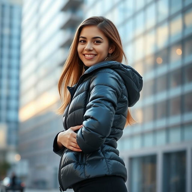 A stylish young woman confidently wearing a tight, shiny black puffer jacket that highlights her curves