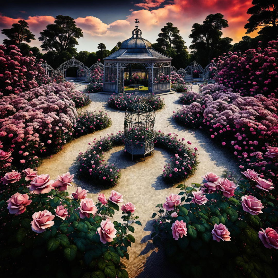 High-definition photograph of a Victorian pink rose garden with a unique landscape design, vibrant pink roses, perfect lighting composition, and an ultra-intense camera shot, exuding editorial magazine vibes