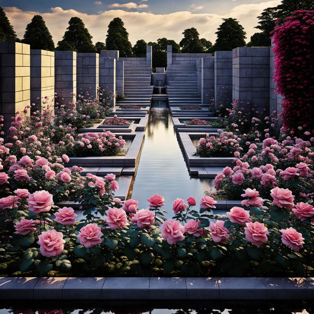 High-definition photograph of a Victorian pink rose garden with a modern landscape design, vibrant pink roses, perfect lighting composition, and an ultra-intense camera shot, exuding editorial magazine vibes