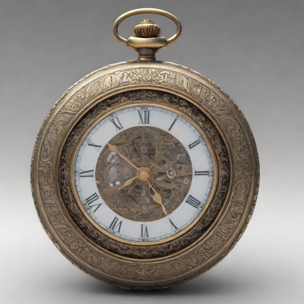 Generate an image of a unique, intricately designed antique pocket watch.