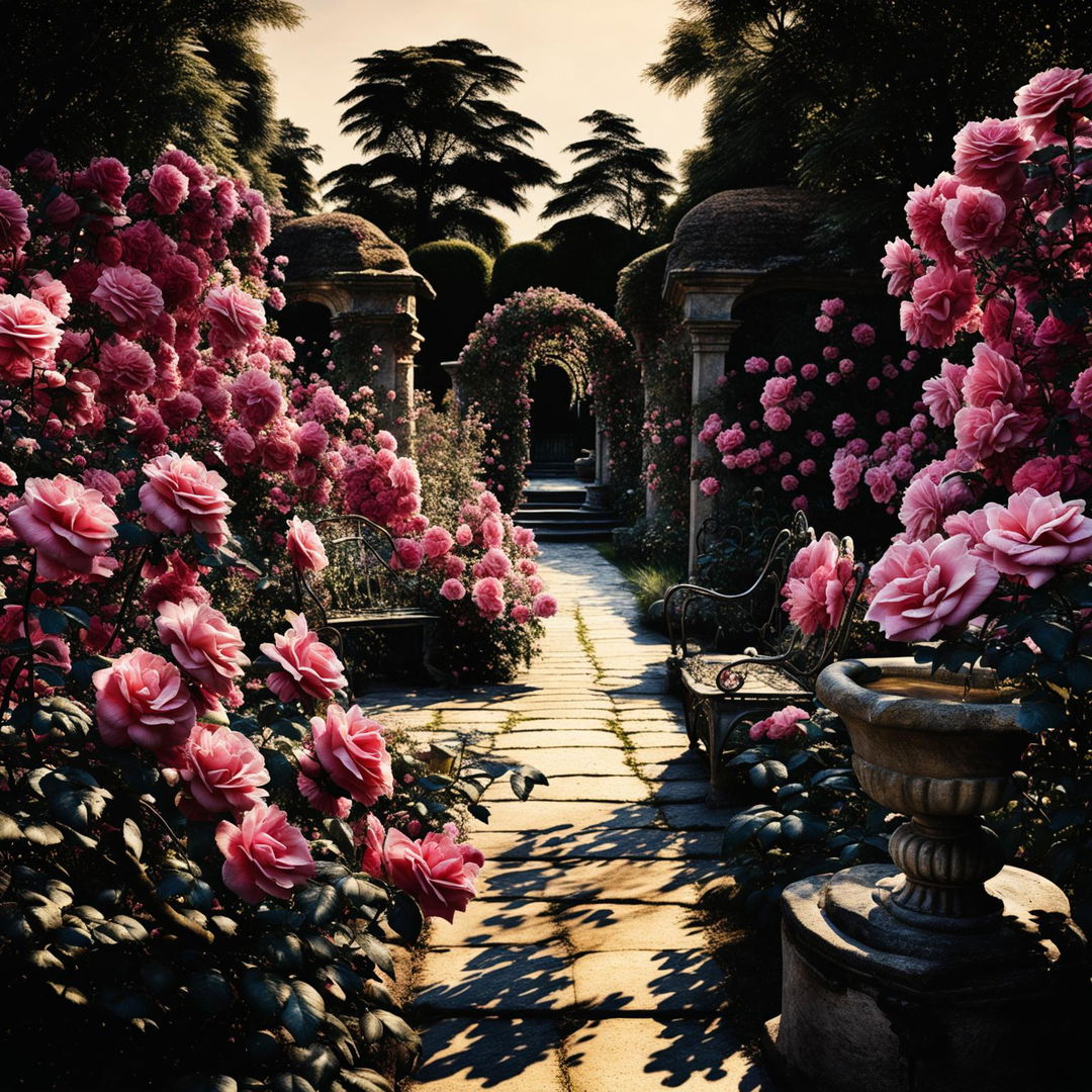 High-definition photograph of a Victorian pink rose garden with a quaint and elegant landscape design, vibrant pink roses, perfect lighting composition, and an ultra-intense camera shot, exuding editorial magazine vibes