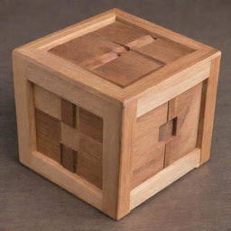 Generate an image of a complex, handcrafted wooden puzzle box.