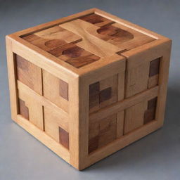 Generate an image of a complex, handcrafted wooden puzzle box.