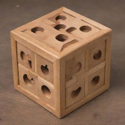 Generate an image of a complex, handcrafted wooden puzzle box.